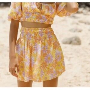 L*SPACE Elastic Waist XL Summer Mini Skirt Floral Purple, Yellow Daisy Print NWT